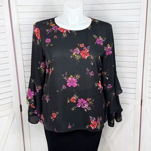 Worthington Floral Tiered Ruffle Bell Sleeve Blouse Black Pink Large